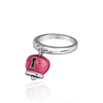 Chantecler / Et Voilà / anello campanella con cuori e lucchetto / argento, smalto bouganville e smalto nero