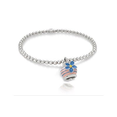 Chantecler / Non Ti Scordar di Me / bracciale pallinato elastico con ciondolo campanella micro / argento, smalto rosa e turchese / misura S