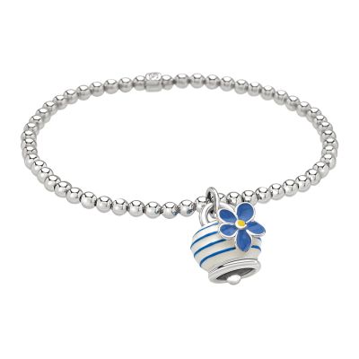 Chantecler / Non Ti Scordar di Me / bracciale pallinato elastico con ciondolo campanella micro / argento, smalto bianco e turchese / misura L
