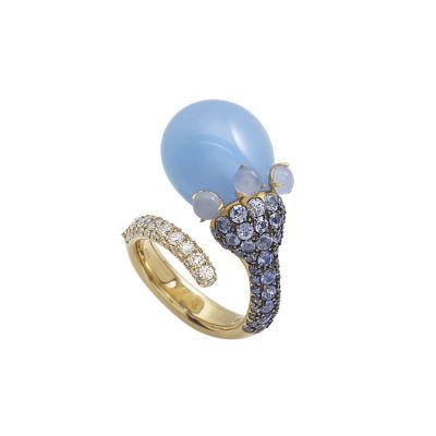 Chantecler / Joyful / anello / oro giallo, diamanti, zaffiri azzurri e poire in cristallo glicine