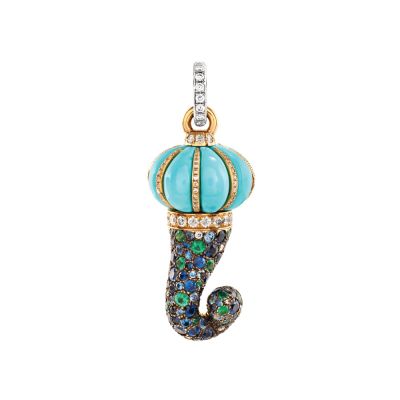 Chantecler / Corni / ciondolo corno medio / oro giallo 9 kt, diamanti, zaffiri, smeraldi, diamanti e turchese fesonato