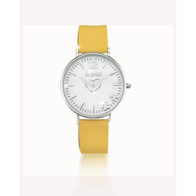 leBebé / I Battiti / orologio donna / cassa acciaio finitura platino e cinturino pelle giallo / quadrante madreperla
