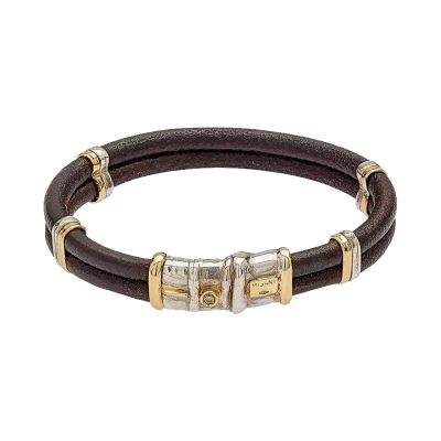 Misani / Grand Tour / bracciale doppio filo in cuoio 5 mm / elementi in oro e argento, diamante brown