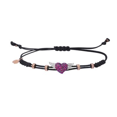 Pippo Perez / bracciale cuore con le ali small / cordino nero, oro rosa e bianco, diamanti bianchi e brown e rubini