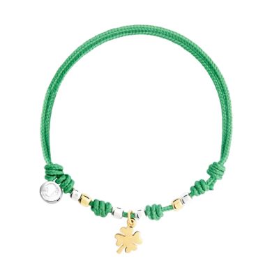 DoDo / bracciale Pad mini quadrifoglio con cordino verde / cotone cerato, argento e oro giallo 18 Kt
