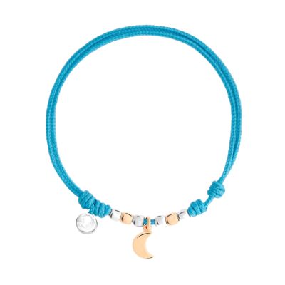 DoDo / bracciale Pad mini luna con cordino azzurro / cotone cerato, argento e oro rosa 9 Kt