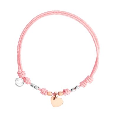 DoDo / bracciale Pad mini cuore con cordino rosa / cotone cerato, argento e oro rosa 9 Kt