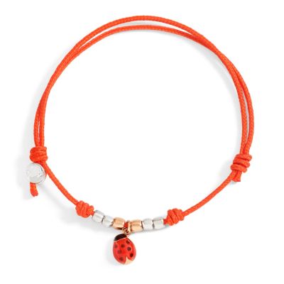 DoDo / bracciale Pad mini coccinella con cordino rosso / cotone cerato, argento e oro rosa 9 Kt
