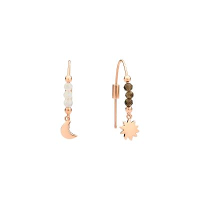 DoDo / Moon & Sun / orecchini pendenti / oro rosa 9 kt, quarzo fumè e adularia