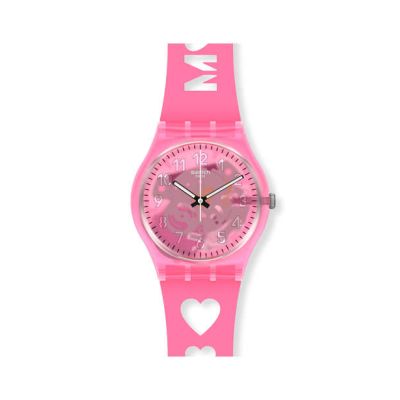 Swatch / Mother's Day / Love with all the Alphabet / orologio donna / quadrante rosa / cassa plastica / cinturino silicone rosa
