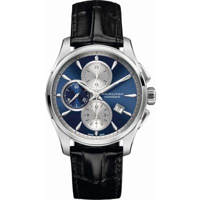 Hamilton Jazzmaster Auto Chrono / orologio uomo / quadrante blu / cassa acciaio / cinturino pelle nera