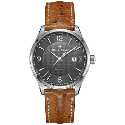 Hamilton Jazzmaster Viewmatic / orologio uomo / quadrante grigio / cassa acciaio / cinturino pelle marrone