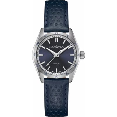 Hamilton Jazzmaster Performer Auto / orologio unisex / quadrante blu scuro / cassa acciaio / cinturino pelle blu