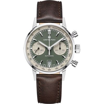 Hamilton Intra-Matic Auto Chrono / orologio uomo / quadrante panda verde / cassa acciaio / cinturino pelle marrone
