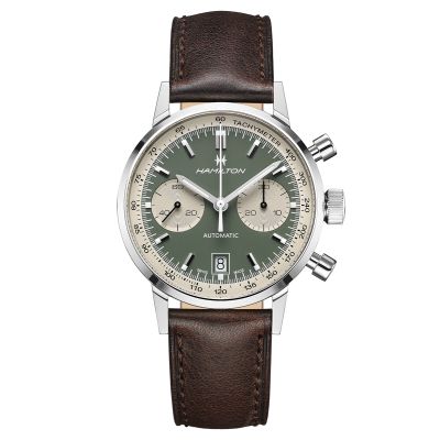 Hamilton Intra-Matic Auto Chrono / orologio uomo / quadrante panda verde / cassa acciaio / cinturino pelle marrone