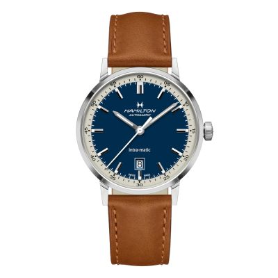 Hamilton Intra-Matic Auto / orologio uomo / quadrante blu e geige / cassa acciaio / cinturino pelle marrone