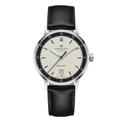 Hamilton Intra-Matic Auto / orologio uomo / quadrante beige e nero / cassa acciaio / cinturino pelle nera