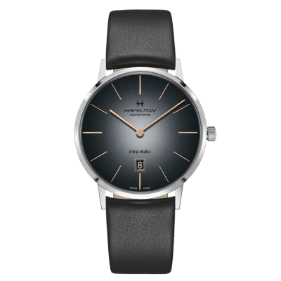 Hamilton Intra-Matic / orologio uomo / quadrante antracite / cassa acciaio / cinturino pelle nera