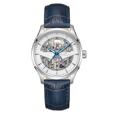 Hamilton Jazzmaster Skeleton Auto / orologio uomo / quadrante scheletrato con movimento a vista / cassa acciaio / cinturino pelle blu