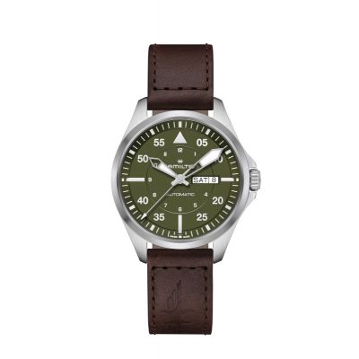 Hamilton Khaki Aviation Pilot Day Date Auto / orologio uomo / quadrante verde / cassa acciaio / cinturino pelle marrone