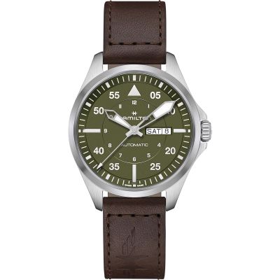 Hamilton Khaki Aviation Pilot Day Date Auto / orologio uomo / quadrante verde / cassa acciaio / cinturino pelle marrone
