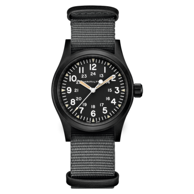 Hamilton Khaki Field Mechanical / orologio uomo / quadrante nero / cassa acciaio e PVD nero / cinturino NATO grigio e pelle nera
