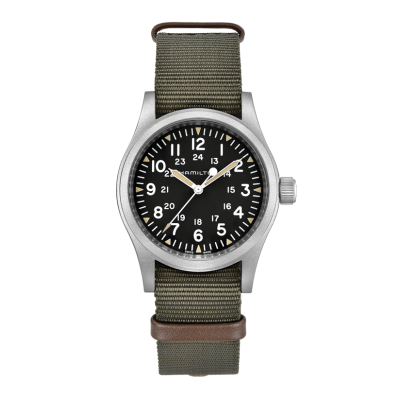Hamilton Khaki Field Mechanical / orologio uomo / quadrante nero / cassa in acciaio / cinturino NATO verde e pelle marrone