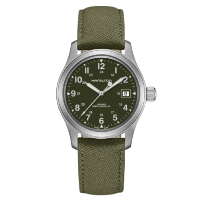 Hamilton Khaki Field Mechanical / orologio uomo / quadrante verde / cassa acciaio / cinturino canvas verde e pelle beige