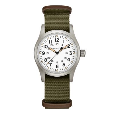 Hamilton Khaki Field Mechanical / orologio uomo / quadrante bianco / cassa acciaio / cinturino NATO verde e pelle marrone