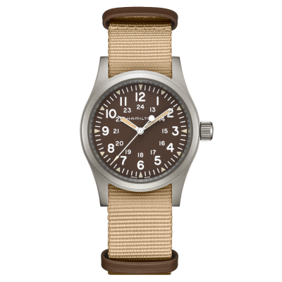 Hamilton Khaki Field Mechanical / orologio uomo / quadrante marrone / cassa acciaio / cinturino NATO beige e pelle marrone