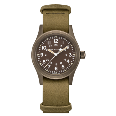 Hamilton Khaki Field Mechanical / orologio uomo / quadrante marrone / cassa acciaio e PVD marrone / cinturino NATO pelle verde