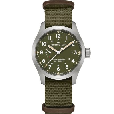 Hamilton Khaki Field Mechanical Power Reserve - 40 mm / orologio uomo / quadrante verde / cassa acciaio / cinturino NATO verde