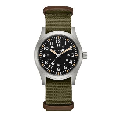 Hamilton Khaki Field Mechanical / orologio uomo / quadrante nero / cassa acciaio / cinturino NATO verde