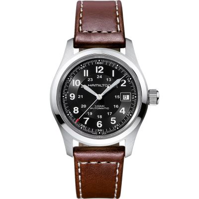 Hamilton Khaki Field Auto / orologio uomo / quadrante nero / cassa acciaio / cinturino pelle marrone
