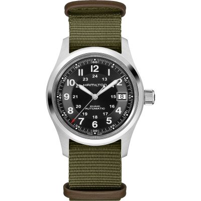 Hamilton Khaki Field Auto Call of Duty 38 mm / orologio uomo / quadrante nero / cassa acciaio / cinturino NATO verde e pelle marrone