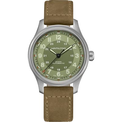 Hamilton Khaki Field Titanium Auto / orologio uomo / quadrante verde / cassa titanio / cinturino pelle marrone