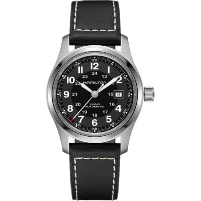 Hamilton Khaki Field Auto 42 mm / orologio uomo / quadrante nero / cassa acciaio / cinturino pelle nero