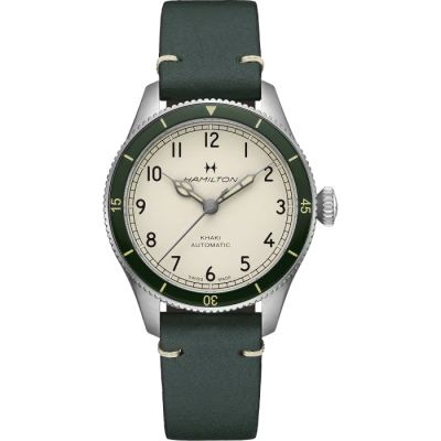 Hamilton Khaki Aviation Pilot Pioneer / orologio uomo / quadrante bianco / cassa acciaio / cinturino pelle verde