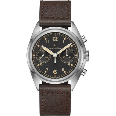 Hamilton Khaki Aviation Pioneer Mechanical Chrono / orologio uomo / quadrante nero / cassa acciaio / cinturino pelle marrone
