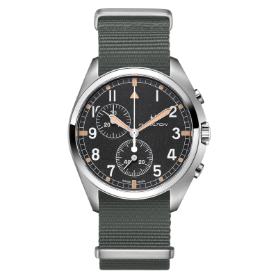 Hamilton Khaki Pilot Pioneer Chrono / orologio uomo / quadrante nero / cassa acciaio / cinturino NATO grigio