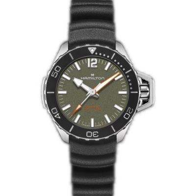 Hamilton Khaky Navy Frogman Auto / orologio uomo / quadrante verde / cassa acciaio / cinturino caucciù nero