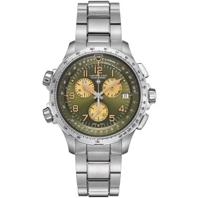 Hamilton Khaki Aviation X-Wind Chrono Quartz / orologio uomo / quadrante verde / cassa e bracciale acciaio