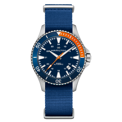Hamilton Khaki Navy Scuba Auto / orologio uomo / quadrante blu / cassa acciaio / cinturino NATO blu e arancione