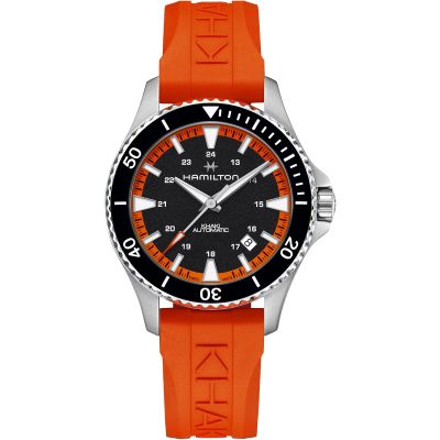 Hamilton Khaki Navy Scuba Auto / orologio unisex / quadrante nero / cassa acciaio / cinturino caucciù arancione