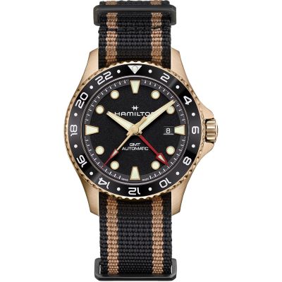 Hamilton Khaki Navy Scuba Auto GMT 43 mm / orologio uomo / quadrante nero / cassa bronzo e titanio / cinturino NATO nero e dorato