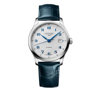 Longines Master Collection / orologio uomo / quadrante argentato grains d'orge / cassa acciaio / cinturino pelle blu
