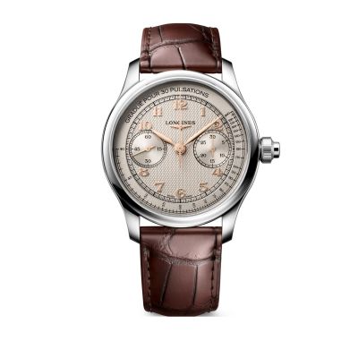 Longines Master Collection Chrono Monopusher - 41 mm / orologio uomo / quadrante avorio grains d'orge / cassa acciaio / cinturino cuoio marrone
