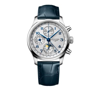 Longines Master Collection Chrono Moonphase - 41 mm / orologio uomo / quadrante argentato grains d'orge / cassa acciaio / cinturino pelle blu
