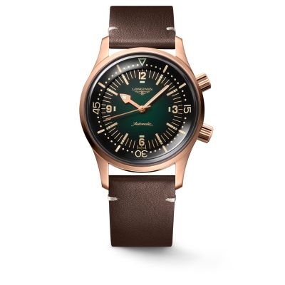 Longines Legend Diver Watch / orologio uomo / quadrante verde / cassa acciaio e PVD rosato / cinturino pelle marrone