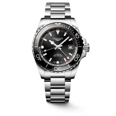 Longines HydroConquest GMT / orologio uomo / quadrante nero / cassa e bracciale acciaio
